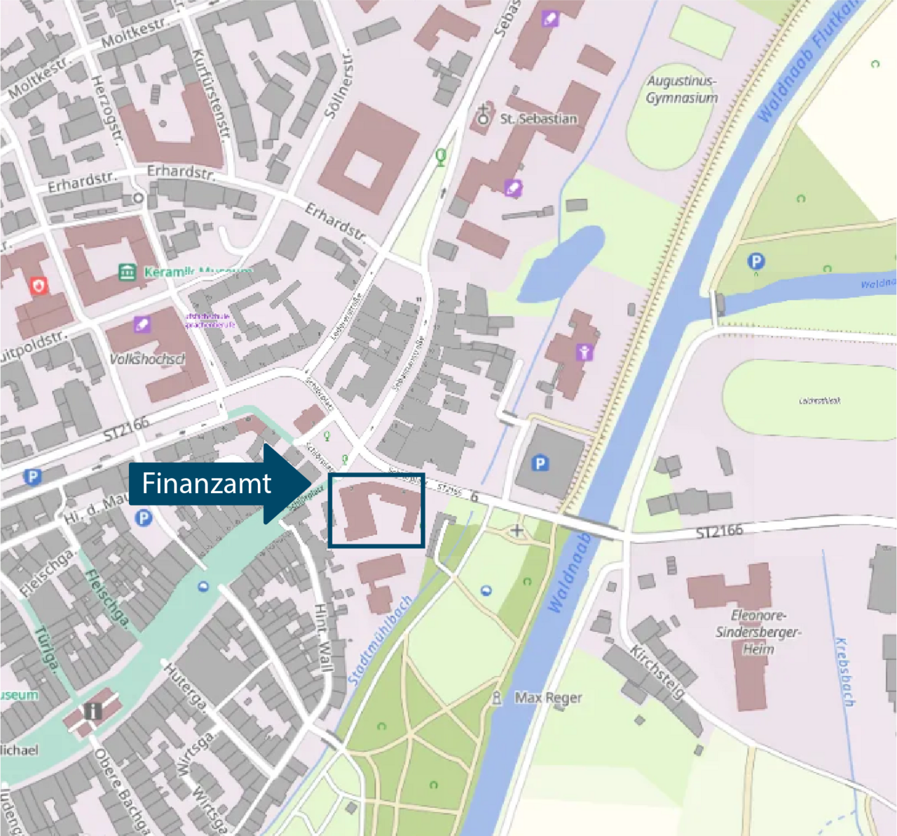 Stadtplan mit Markierung des Finanzamts Weiden
